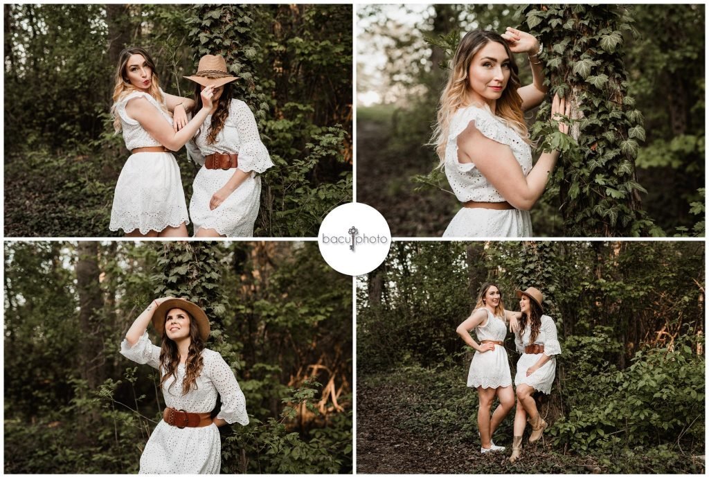Válogatás Bacu Photo esküvői fotós portfóliójából, egy erdei portrésorozat a fotós logójával